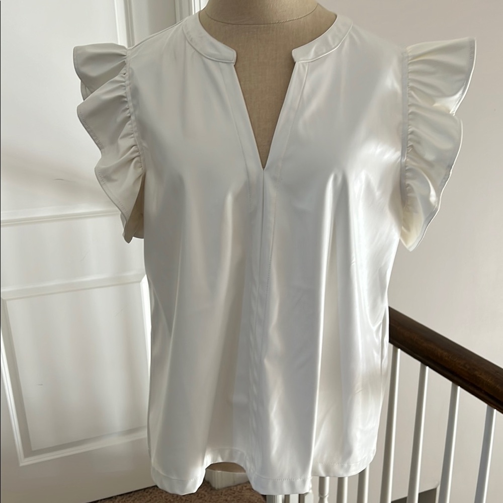 JODIFL White Sleeveless Ruffled Blouse with Mandarin Collar